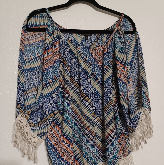 Colorful Patterned Cold Shoulder Blouse Macrame Lace Hems mm mm mm Medium - Picture 2 of 13